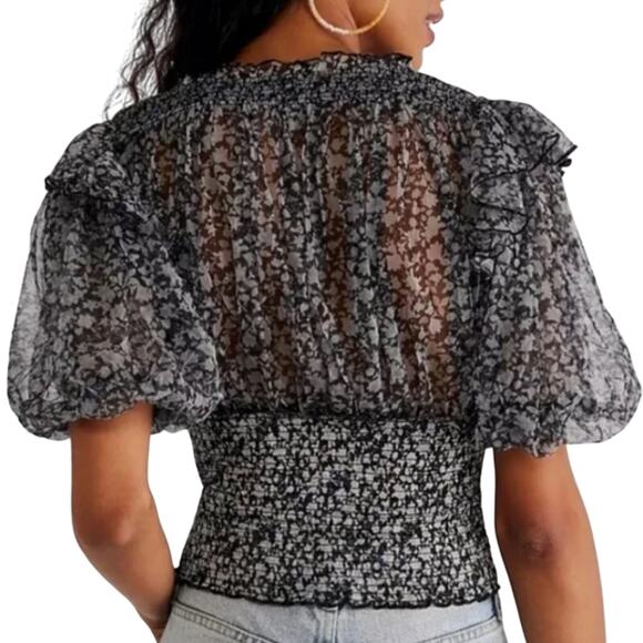 Free People Beatrice Mesh Black Combo Blouse, Size Medium, New with Tag MSRP $88 - Picture 7 of 9